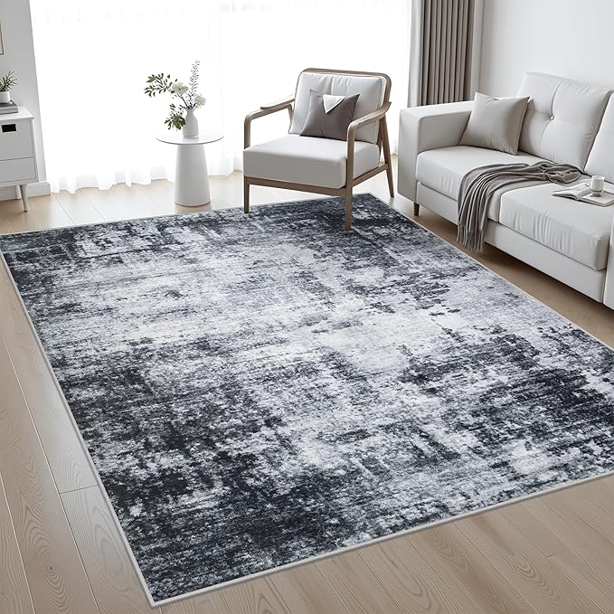 5x7 Area Rug Living Room Rug: Washable Modern Abstract Soft Thin Rug Indoor Floor No Slip Stain Resistant Carpet for Bedroom Dining Room Farmhouse Nursery Home Office - Dark Black-CubbioJoy