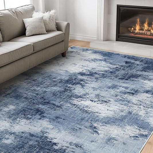 Amada 6x9 Washable Area Rug, Modern Abstract Living Room Rug with Non-Slip Backing & Short Pile, Large Rug with Abstract Pattern for Living Room, Bedroom and Dinning Room, Dark Blue-CubbioJoy