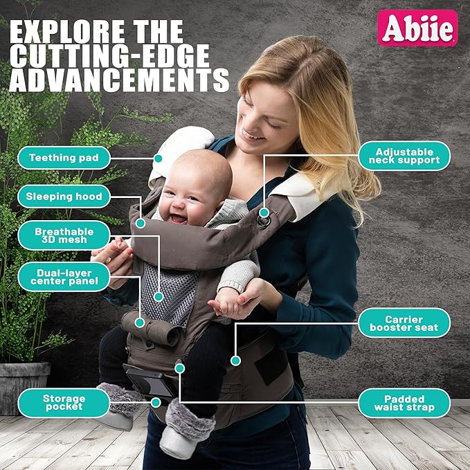 Abiie HUGGS 3-in-1 Baby Carrier w/Hip Seat - Front Facing, Hip Hugger, Back Baby Carrier - Healthy Sitting (M) Position, 3 Mos.-Toddler - Buckle Type Closure - Approved by US Safety Standards - Gray-CubbioJoy