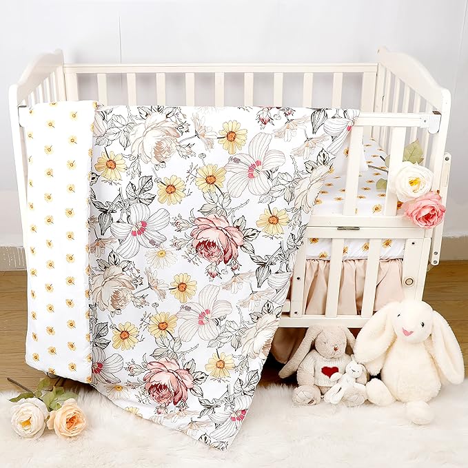 4-Piece Crib Bedding Set for Girls, Boho Baby Girl Bedding Set with Crib Skirt, Baby Quilt, Crib Sheet and Diaper Stacker, Flower-CubbioJoy