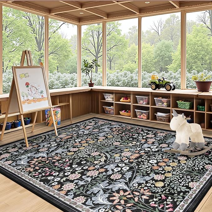 Area Rug Living Room Rugs: Floral 5x7 Washable Rug Vintage Soft Boho Non-Slip Carpet Indoor Stain Resistant Large Carpets for Bedroom Dining Room Farmhouse Nursery Hallway Home Office Dark Black-CubbioJoy
