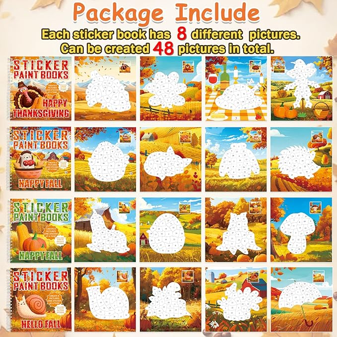 4PCS Thanksgiving Paint by Sticker Books Crafts for Kids Ages 4-8 Fall Sticker by Number Books Activity Book for Kids Age 3-5 Puzzle Book Craft Art Toddler Gift with Turkey Pumpkin 32 Pictures-CubbioJoy