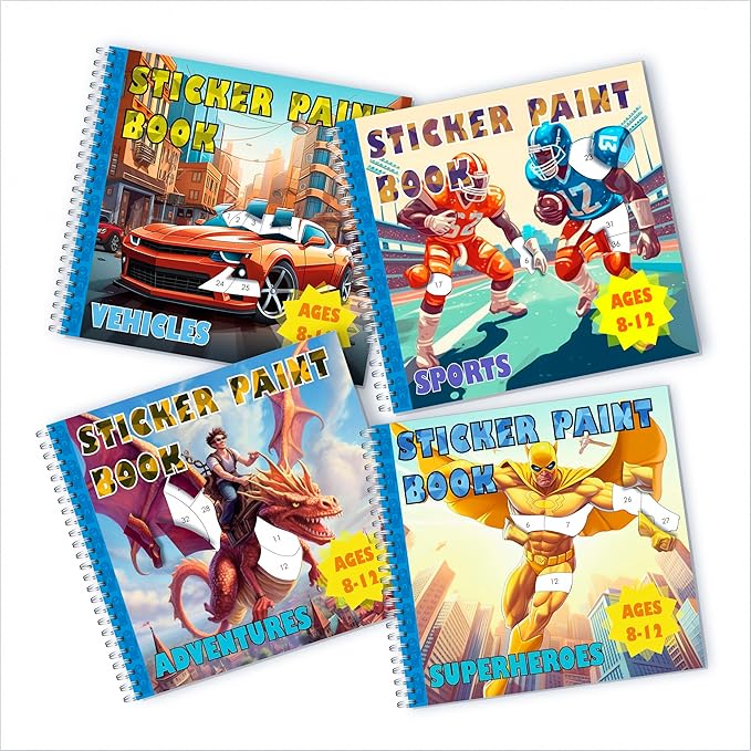 BulbaCraft 4Pcs Sticker Paint Books for Boys - Sticker Books by Number with Superheroes, Sports, Vehicles and Adventures - Coloring Activity for Kids-CubbioJoy