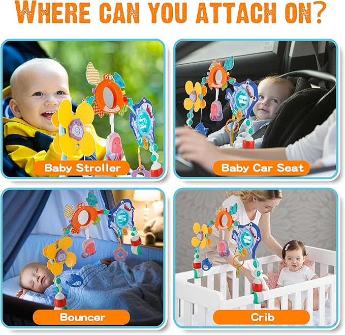 Baby Stroller Arch Toy, Car Seat Toys, Adjustable Arch Stroller toy with Hanging Sensory Activity toys,fits on Baby Bouncer, Bassinet, Stroller, Crib and Car Seats for baby infant Boy Girl 0-18 Months-CubbioJoy