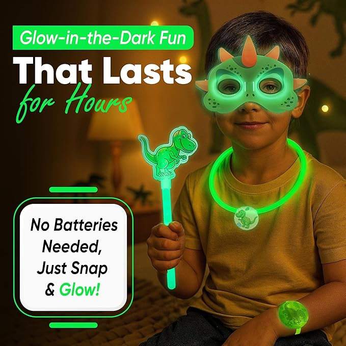 Dinosaur Party Favors Pack – Glow in the Dark Party Supplies | 6 Dinosaur Masks, 6 Bracelets, 6 Necklaces, 6 Wands, 42 Dino Glow Sticks & 80 Stickers | Birthday Classroom Halloween Trick or Treat-CubbioJoy
