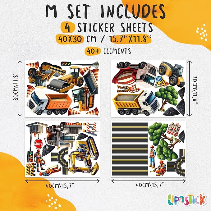 Construction Car Wall Decals for Boys by Lipastick - Road, Trucks, Tractors, Excavators Wall Stickers for Kids Bedroom, Nursery, Playroom - Peel and Stick Transport Themed Wall Decals - M Size-CubbioJoy