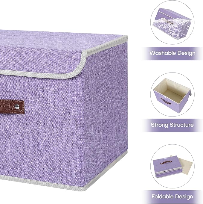 ANMINY 4PCS Storage Bins with Lid PU Leather Handles Storage Boxes PP Plastic Board Decorative Foldable Lidded Cotton Linen Fabric Home Cubes Baskets Closet Organizer Containers - Purple, Large Size-CubbioJoy