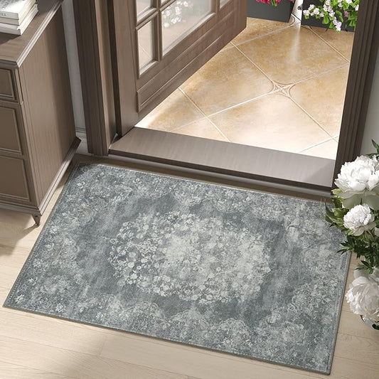 jinchan Floral 2x3 Rug for Entryway - Vintage Washable Area Rug Ultra-Thin Low Pile Soft Small Non-Slip Distressed Indoor Doormat Accent for Entrance Kitchen Bedroom Bathroom (2x3ft,Grey)-CubbioJoy