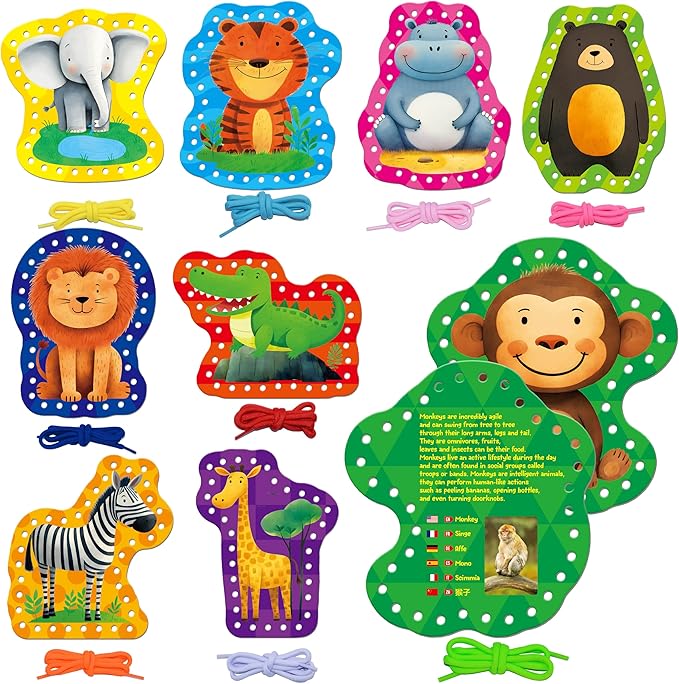 9 PCS Kids Lacing Cards, 9 Double Sided Wild Animals Sewing Cards with 9 Colorful Laces, Educational & Learning Toys for Preschoolers, Kids Ages 3+-CubbioJoy