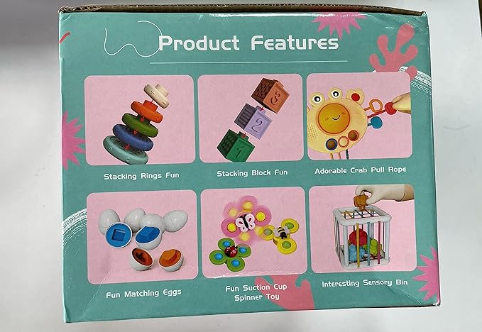 Baby Toys for 6 to 12 Months, Montessori Sensory Bins & Teething Toys, 6 in 1 Stacking Blocks, Rings, Eggs, Spinner, Crab Shape, 27 Pieces, Ages 6-36 Months-CubbioJoy