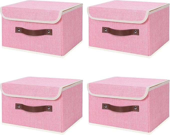 ANMINY 4PCS Storage Bins with Lid PU Leather Handles Storage Boxes PP Plastic Board Decorative Foldable Lidded Cotton Linen Fabric Home Cubes Baskets Closet Organizer Containers - Pink, Small Size-CubbioJoy