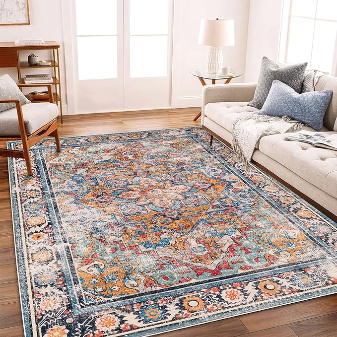 6'x9' Washable Vintage Area Rug Boho Chic Medallion Distressed Design Non-Shedding Easy Care Ideal for High Traffic Areas in Living Room Bedroom Kitchen Office Large Carpet-CubbioJoy
