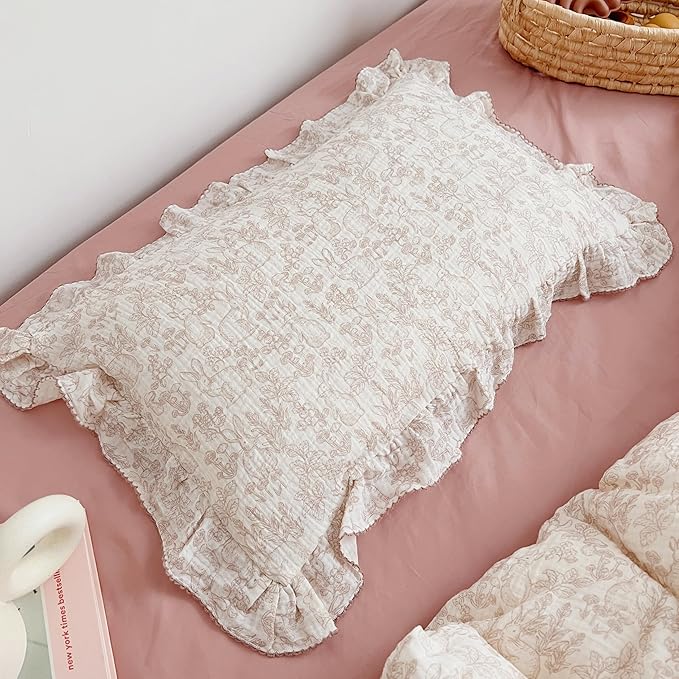 BuLuTu Muslin Cotton Pillowcase King Pillow Cover for Kids Adults Cute Rabbits Flower Pattern Pillowcases with Envelope Closure, 20x36 inch, 1 Piece, Forest, Machine Washable-CubbioJoy