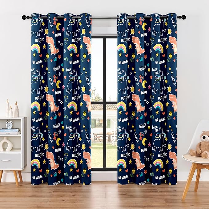 100% Blackout Curtains for Kids - Adorable Dinosaur & Unicorn Pattern, 2Panels, Each W52xL84, Thermal Insulated Noise-Reducing Drapes for Nursery, Bedroom, Playroom - Fun & Colorful Design-CubbioJoy