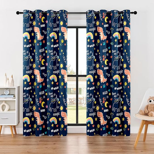 100% Blackout Curtains for Kids - Adorable Dinosaur & Unicorn Pattern, 2Panels, Each W52xL84, Thermal Insulated Noise-Reducing Drapes for Nursery, Bedroom, Playroom - Fun & Colorful Design-CubbioJoy