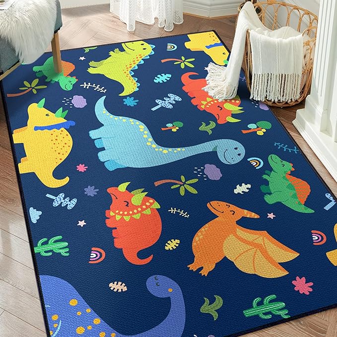 Cute Cartoon Dinosaur Rug for Boys Bedroom 59"x39" Bedroom Playroom Decor for Kids Lovely Dinosaur Animal Pattern Carpet Blue Rug Non-Slip Washable-CubbioJoy