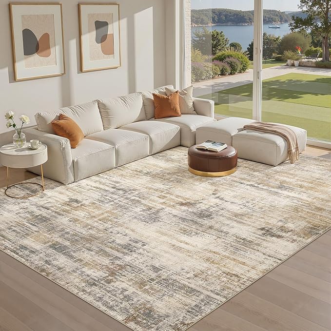 Area Rug for Living Room: 8x10 Washable Neutral Abstract Modern Soft Rugs Non Slip Indoor Floor Stain Resistant Large Carpet for Bedroom Dining Room Office Nursery - Golden Brown-CubbioJoy