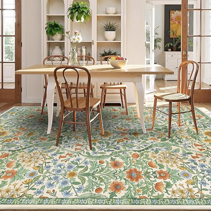 5×7 Grass Green Washable Floral Area Rug,Vintage Boho Soft Low-Pile Living Room Rugs, Stain Resistant Botanical Non-Slip Carpet for Bedroom,Dining Room, Kids Nursery,Home Decor-CubbioJoy