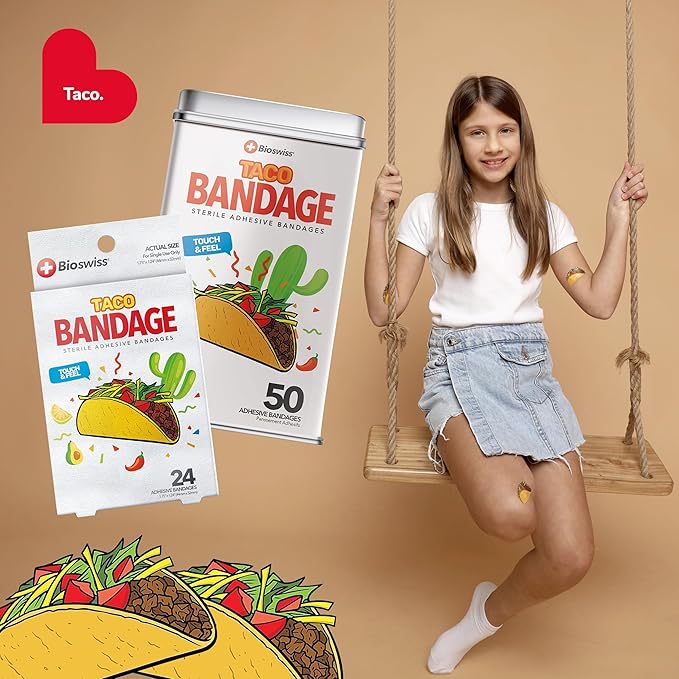 BioSwiss Bandages, Taco Shaped Self Adhesive Bandage, Latex Free Sterile Wound Care, Fun First Aid Kit Supplies for Kids, 24 Count-CubbioJoy