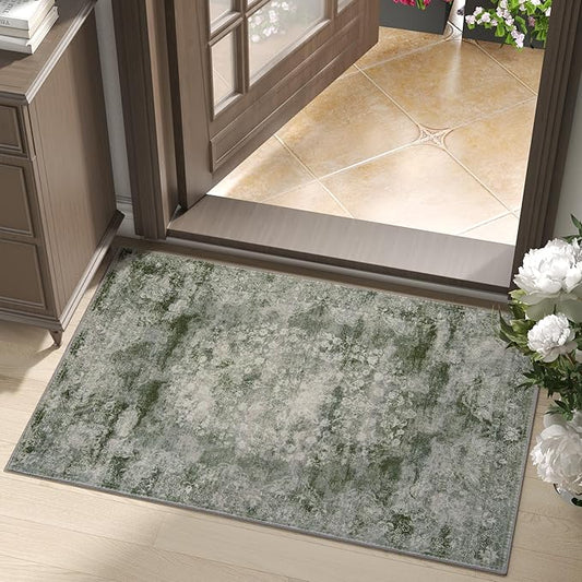 jinchan Green Floral 2x3 Rugs for Entryway - Vintage Washable Area Rug Ultra-Thin Low-Pile Soft Small Non-Slip Distressed Doormat for Entrance Kitchen Bedroom Bathroom (2x3ft,Forest Green)-CubbioJoy