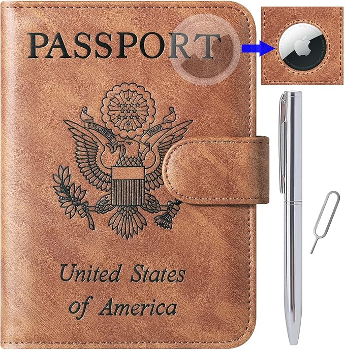 Airtag Passport Holder Cover Wallet Travel Essentials Leather Rfid Blocking Case Vacation Luggage Must Haves Travel Accessories for Men Women (117#Brown)-CubbioJoy