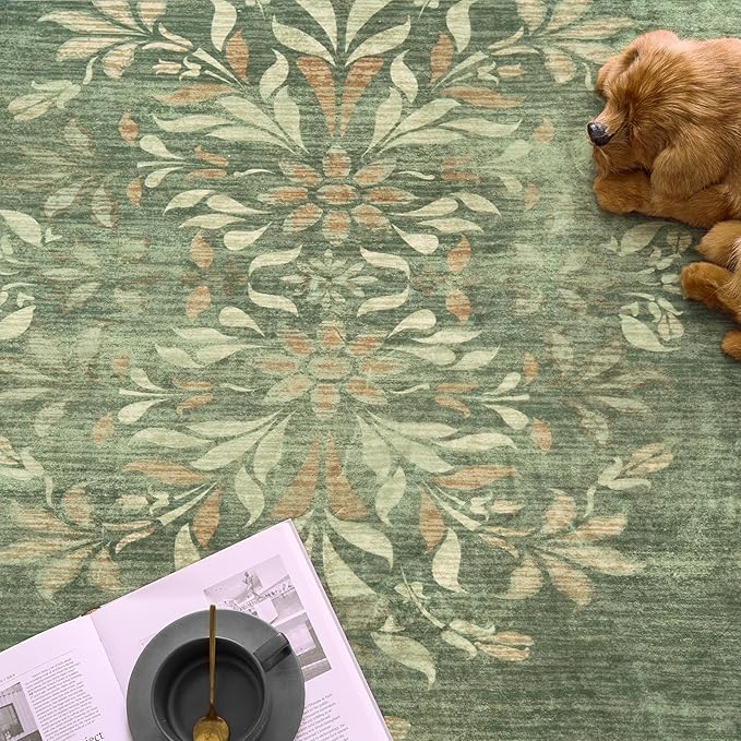 jinchan Round Rug 7ft Area Rugs,Vintage Floral Distressed Design Machine Washable Soft Non-Slip Low-Pile Ultra-Thin Circle Rug for Living Room Dining Room Bedroom Home Office (7' Round,Dark Green)-CubbioJoy