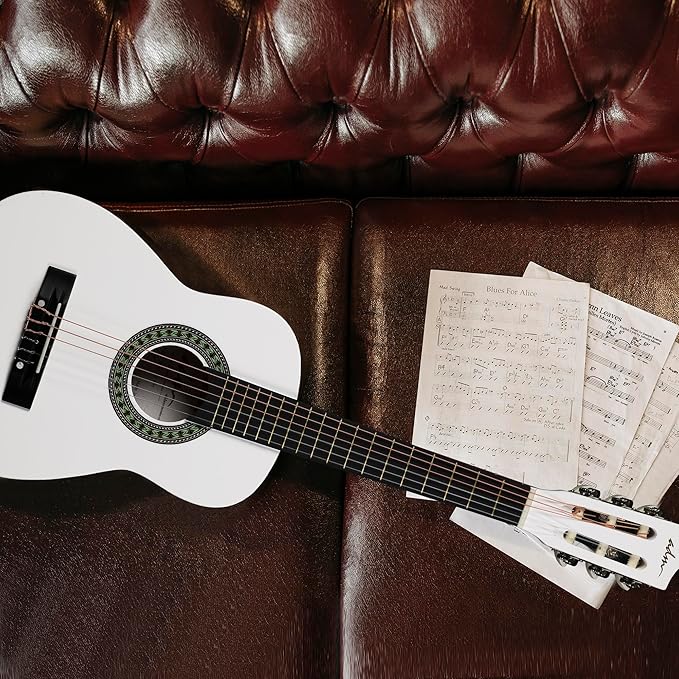 ADM Beginner Acoustic Classical Guitar Nylon Strings Wooden Guitar Bundle Kit for Kid Boy Girl Student Youth Guitarra Online Lessons with Gig Bag, Strap, Tuner, Picks (30 Inch, White)-CubbioJoy