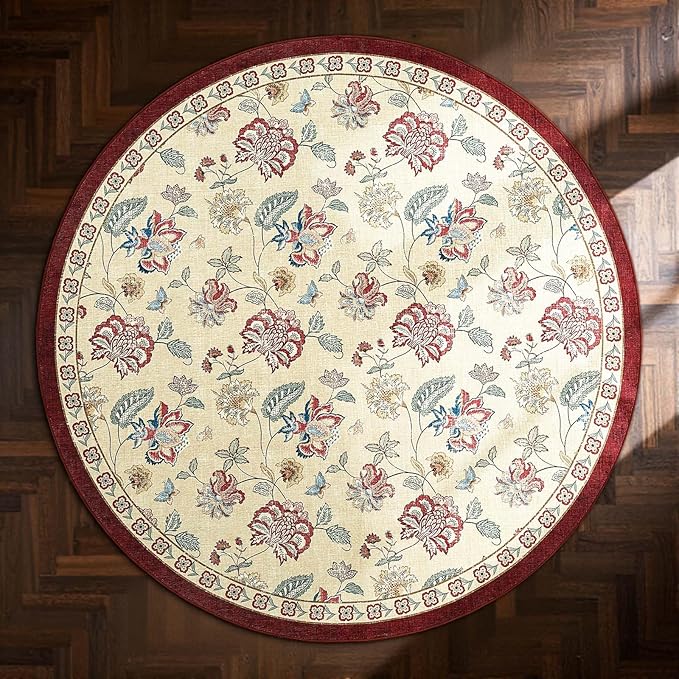 jinchan 7ft Floral Round Rug for Dining Room Washable Living Room Rug Vintage Romance Design Non Slip Indoor Floor Cover Lightweight Low-Profile Throw Carpet for Bedroom Porch Patio, Red/Beige-CubbioJoy