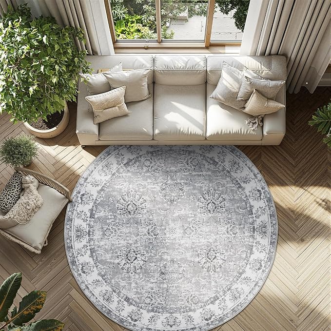 jinchan Round Rug 7ft Area Rug - Grey Vintage Floor Mat Kitchen Indoor Ultra-Thin Soft Floral Print - Washable Circle 7' Retro Accent for Farmhouse Non Slip Dining Room Living Room Bedroom Office-CubbioJoy