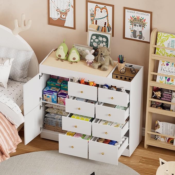 Changing Table Dresser with Drawers,Modern Baby Dresser with Changing Table Top for Nursery,Diaper Changing Station Organizer for Infants Newborn,White-CubbioJoy