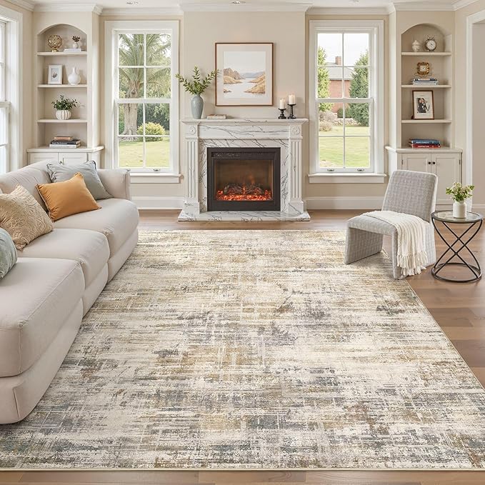 Area Rug for Living Room: 10x12 Washable Neutral Abstract Modern Soft Rugs Non Slip Indoor Floor Stain Resistant Large Carpet for Bedroom Dining Room Office Nursery - Golden Brown-CubbioJoy