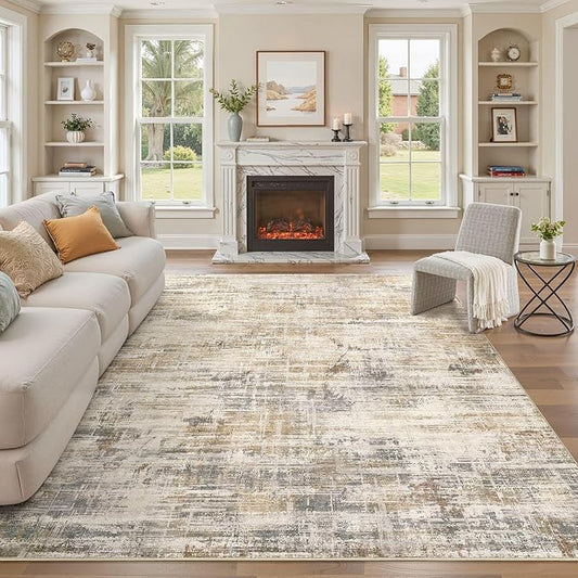 Area Rug for Living Room: 8x10 Washable Neutral Abstract Modern Soft Rugs Non Slip Indoor Floor Stain Resistant Large Carpet for Bedroom Dining Room Office Nursery - Golden Brown-CubbioJoy