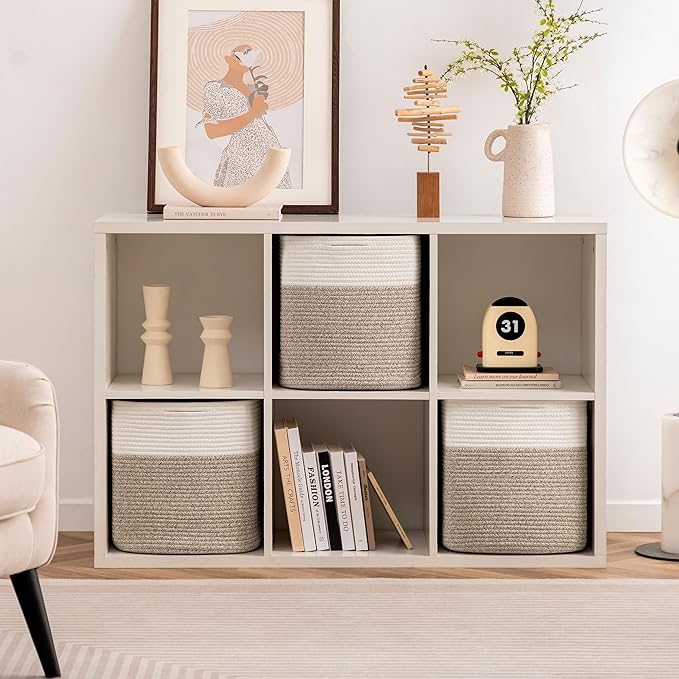 joybest Cube Storage Bins Set of 4, 13inch Cube Baskets Organizer for Nursery, Square Cotton Rope Baskets for Shelves Organizing, Kids Toy, Closet Storage, Brown and Cream White-CubbioJoy