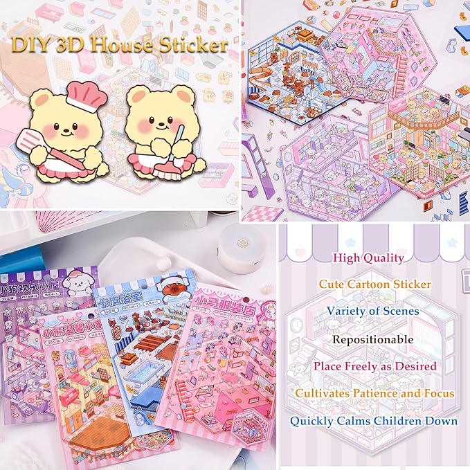 DIY 3D Sticker Scene 4 Sets of Reuseable and Waterproof Stickers Make Your Own Shop Scenes Sticker Cute Miniature Cartoon Stickers for Kids Adult-CubbioJoy