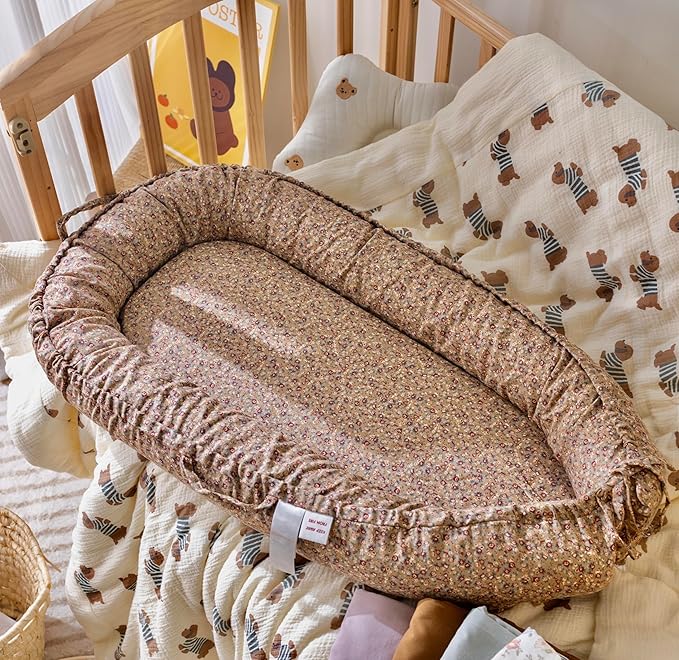 Infant Lounger, Baby Nest Cover for Baby Girls & Boys, Newborn Essentials for Baby 0-18+ Months, 100% Cotton Breathable (Brown Blossom_, Cotton_Muslin)-CubbioJoy