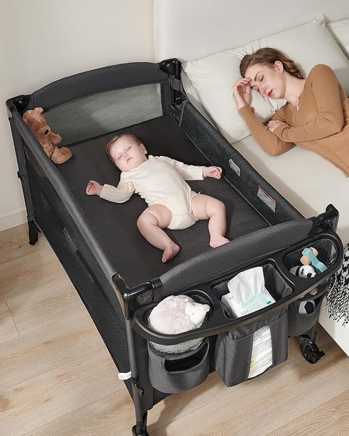 AirClub 4 in 1 Baby Bassinet Bedside Sleeper, 4 Functions Crib, Playard, Portable Changing Table, Bassinet for Newborn Baby, Bedsaide Bed w/Wheels&Brakes-CubbioJoy