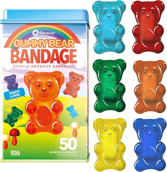 BioSwiss Bandages, Gummy Bear Shaped Self Adhesive Bandage, Latex Free Sterile Wound Care, Fun First Aid Kit Supplies for Kids, 50 Count-CubbioJoy