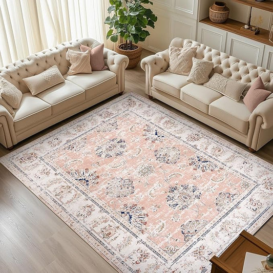 jinchan 6x9 Area Rugs for Living Room - Machine Washable Vintage Floral Distressed Design Stain Resistant Boho Carpet Ultra-Thin Low Pile Non-Slip for Bedroom Dining Room Office (6‘x9',Pink)-CubbioJoy