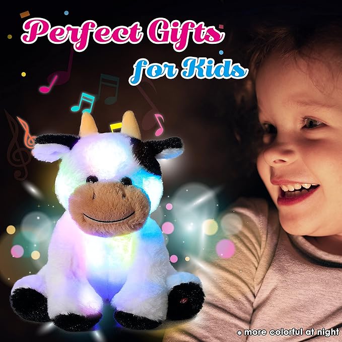 Cuteoy Glowing LED Cow Light-up Nightlight Toys Musical Plush Stuffed Animal Soft Singing Lullabies Birthday Christmas Plushies Gifts for Kids Boys Girls,10"-CubbioJoy