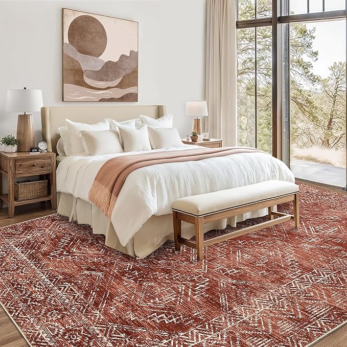 COZYLOOM 10x13 Area Rug Modern Indoor Area Rug Machine-Washable for Living Room or Bedroom Softness Foldable Mat for Easy Storage Geometric Design Non Slip Rug Stain Resistant Carpet, Brick Red-CubbioJoy