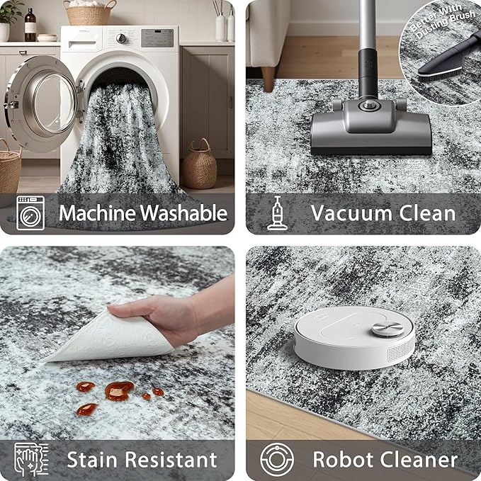 Area Rug Living Room Rugs: 5x7 Abstract Washable Rugs Ultra Soft Carpets with Non-Slip Backing Stain Resistant Carpet for Dining Room Table Bedroom Nursery Indoor Home Office Dark Black/Gray-CubbioJoy