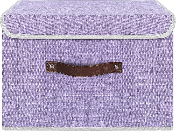 ANMINY 4PCS Storage Bins with Lid PU Leather Handles Storage Boxes PP Plastic Board Decorative Foldable Lidded Cotton Linen Fabric Home Cubes Baskets Closet Organizer Containers - Purple, Large Size-CubbioJoy