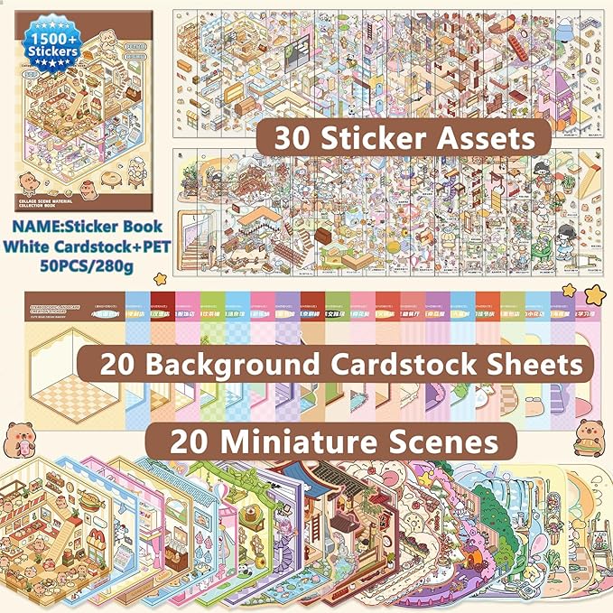 DIY 3D Sticker Scenes, 20 Sets (1500+) Cute Cartoon Stickers. Sticker Therapy. Create Your Own Mini Worlds. Perfect for Party Favors, Birthday Gifts for Adults & Kids-CubbioJoy