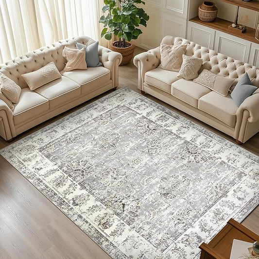 jinchan Vintage Floral 6x9 Area Rugs for Living Room - Machine Washable Distressed Design Stain Resistant Boho Carpet Ultra-Thin Low Pile Non-Slip Rug for Bedroom Dining Room Home Office (6‘x9',Grey)-CubbioJoy