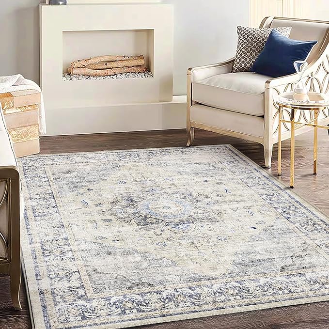 Area Rug 5'x7' Washable Rug Floral Blue Vintage Traditional Floor Cover Thin Retro Kitchen Indoor Distressed Non Slip Carpet for Living Room Bedroom Dining Room-CubbioJoy