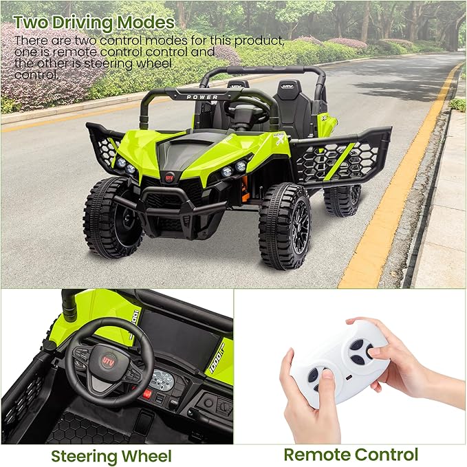 24V 2 Seater Ride On Car Truck, Power Wheels Kids UTV w/Parent Remote Control, 3.1 MPH Max Speed, Music Player, LED Lights & Storage, Electric Vehicle Ride On Toy for Kids Toddler Ages 3-8, Green-CubbioJoy