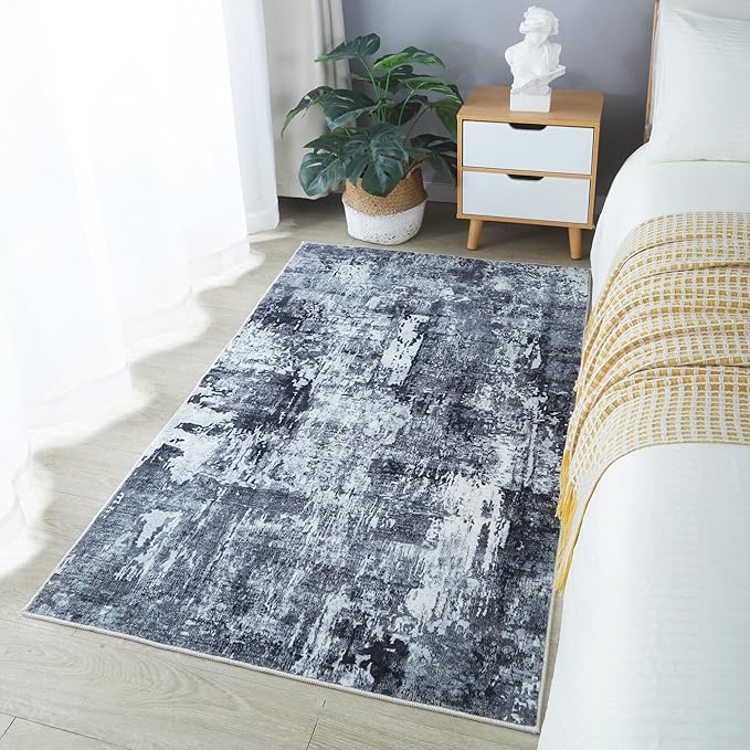 3x5 Rug Washable Boho Rug Soft Area Rug Abstract Pattern Non-Slip Non-Shedding Faux Wool Vintage Rug for Bedside, Bedroom Rug, Kitchen, Floor, Indoor, Laundry, Grey and Black-CubbioJoy