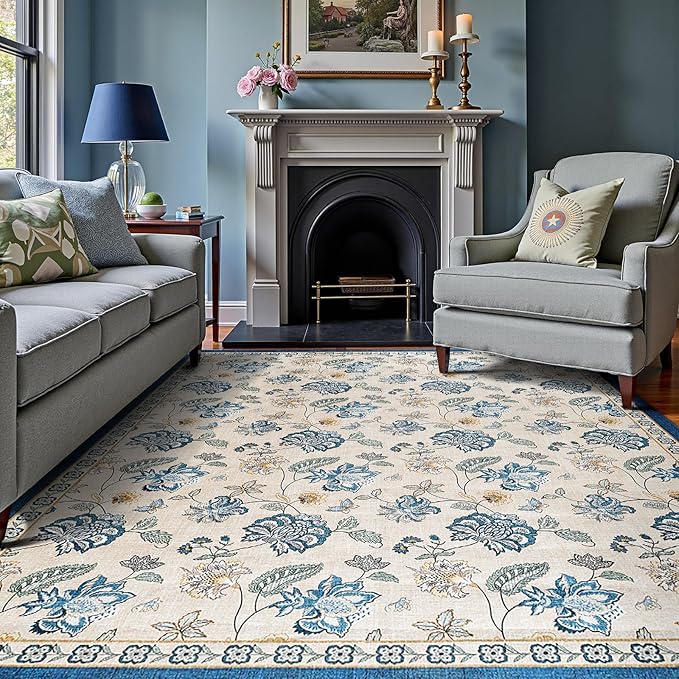 jinchan 8x10 Floral Rug for Living Room Washable Bedroom Rug Vintage Romance Design Non Slip Thin Indoor Floor Cover Large Low-Profile Throw Carpet for Dining Room Office, Blue/Beige-CubbioJoy