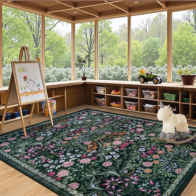 Area Rug Living Room Rugs: Floral 5x7 Washable Rug Vintage Soft Boho Non-Slip Carpet Indoor Floor Stain Resistant Large Carpets for Bedroom Dining Room Farmhouse Nursery Hallway Home Office Dark Green-CubbioJoy