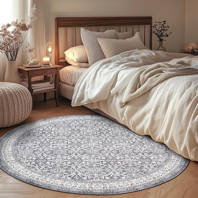 jinchan Round Rug 4ft Washable Circle Soft Rug - Low Pile Vintage 4'Round Indoor Grey Floral Print Stain Resistant Boho Carpet Ultra-Thin Non-Slip for Entryway Nursery Bedroom Dining Room Kitchen-CubbioJoy